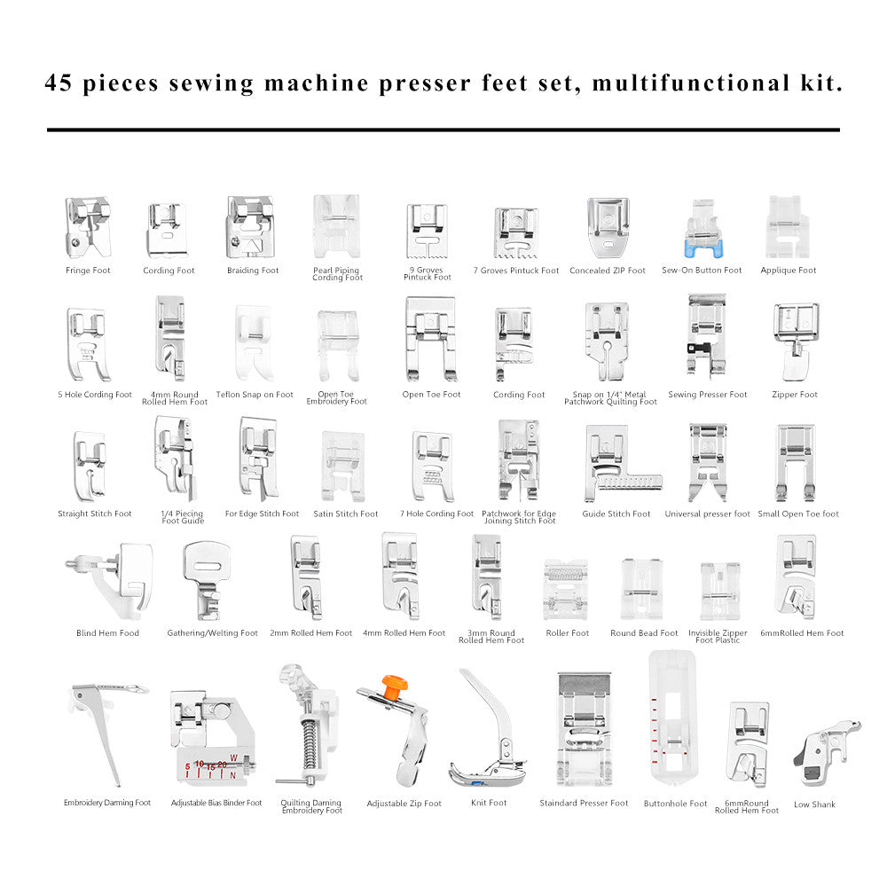 Ensemble de 45 pieds pour machines à coudre (accrochage à pince)