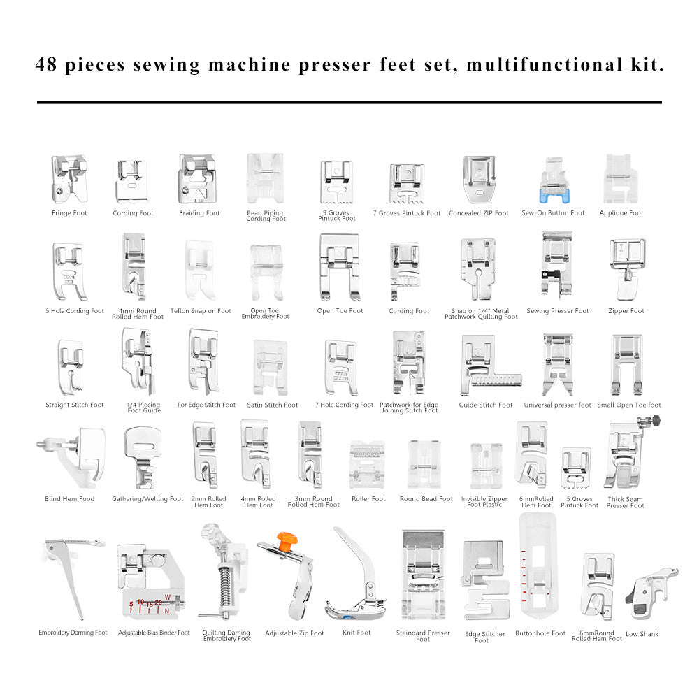 Ensemble de 48 pieds pour machines à coudre (accrochage à pince)