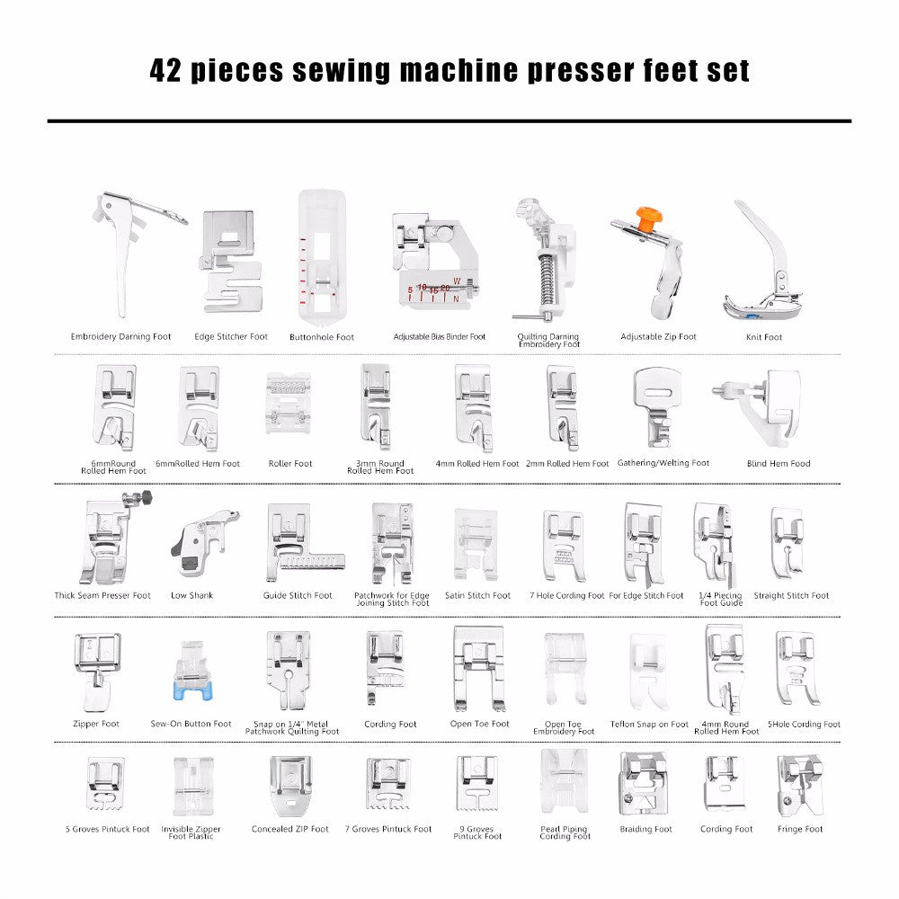 Ensemble de 42 pieds pour machines à coudre (accrochage à pince)