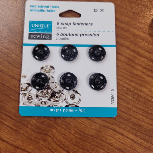 UNIQUE SEWING Snap Fasteners Black - size 4 / 13mm (1⁄2″)- 6 sets