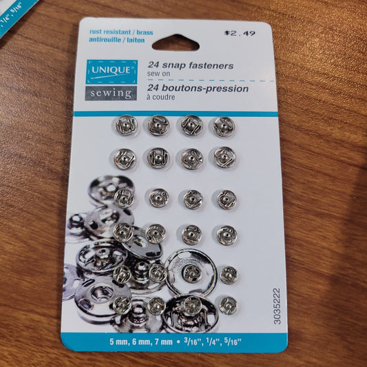 UNIQUE SEWING Snap Fasteners Assortment Nickel - size 5mm, 6mm, 7mm - 24 sets