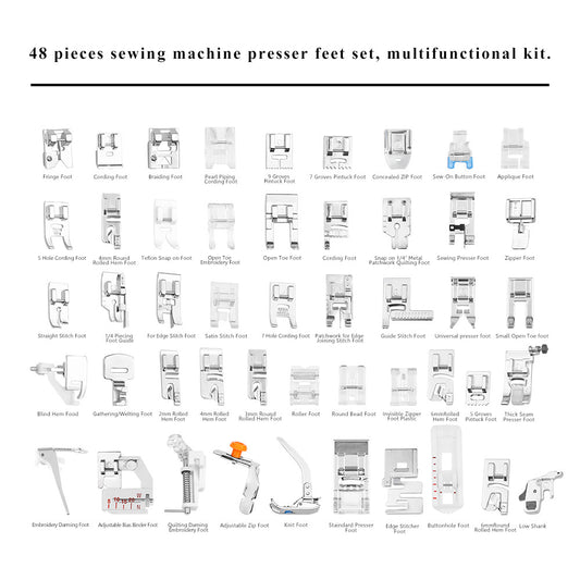 Ensemble de 48 pieds pour machines à coudre (accrochage à pince)